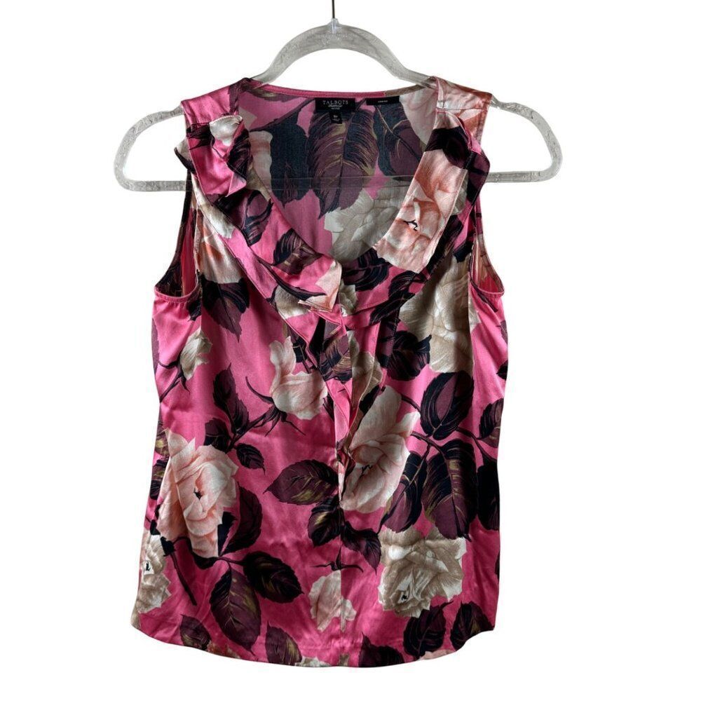 Talbots Pink Floral Silk Sleeveless Blouse Petite 8P Ruffle V-Neck Stretch